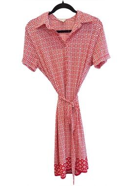 Red & White Floral Geometric Shirt Dress | Belted | Lightweight | Size M